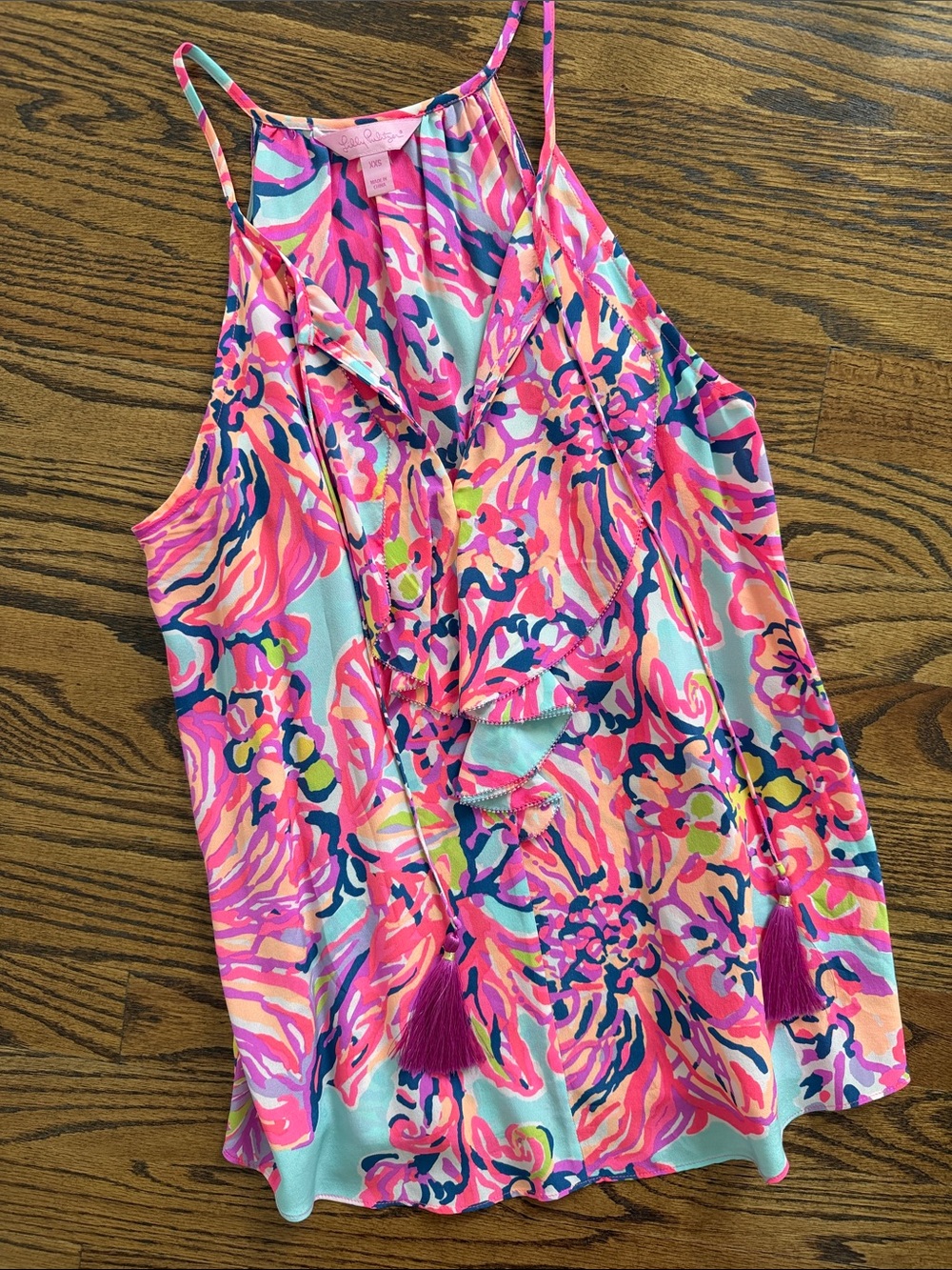 Lilly Pulitzer Sleeveless Tassel Blouse Camisole Pink Blue Floral XXS